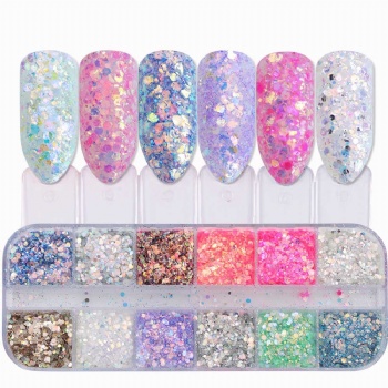 12-grid Pearl Rainbow Iridescent Nail Art Decoration Glitter Sequin