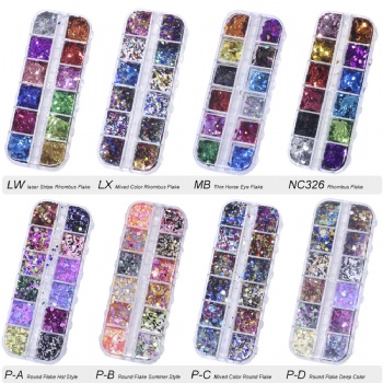 12-grid Mix size mix shape holographic laser Nail Art Decoration Glitter Sequin