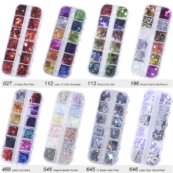 12-grid Mix size mix shape holographic laser Nail Art Decoration Glitter Sequin